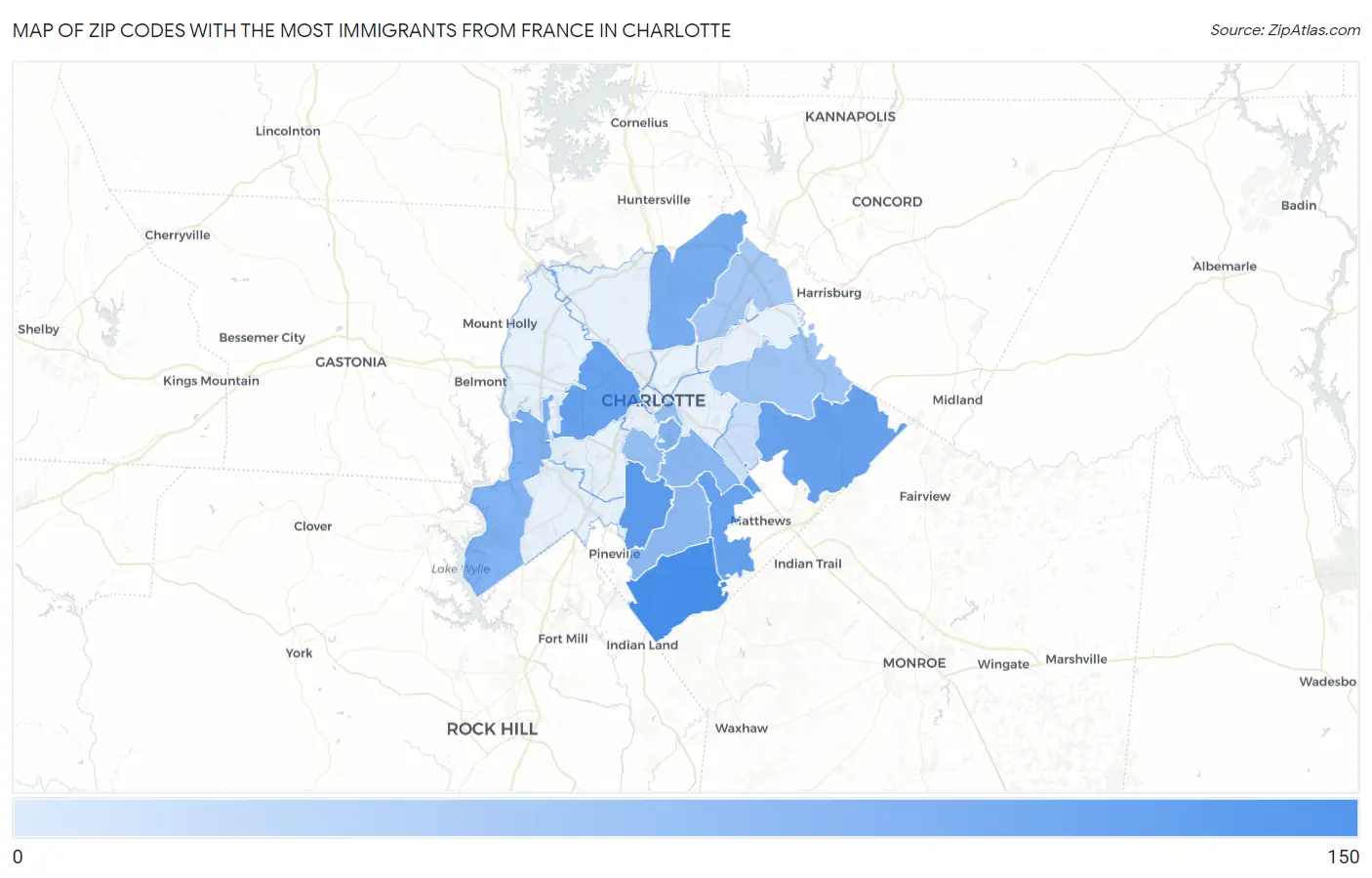 Zip Codes with the Most Immigrants from France in Charlotte Map