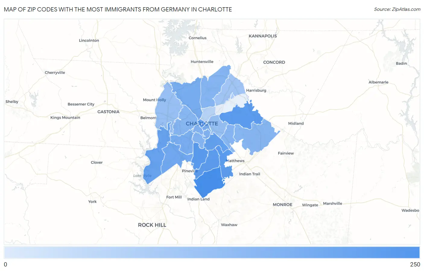 Zip Codes with the Most Immigrants from Germany in Charlotte Map