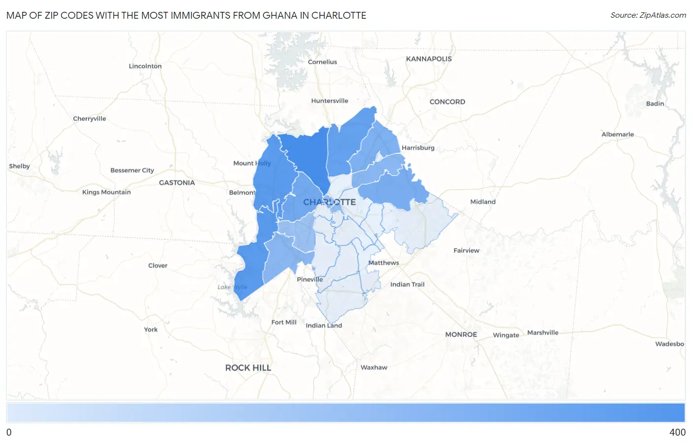 Zip Codes with the Most Immigrants from Ghana in Charlotte Map