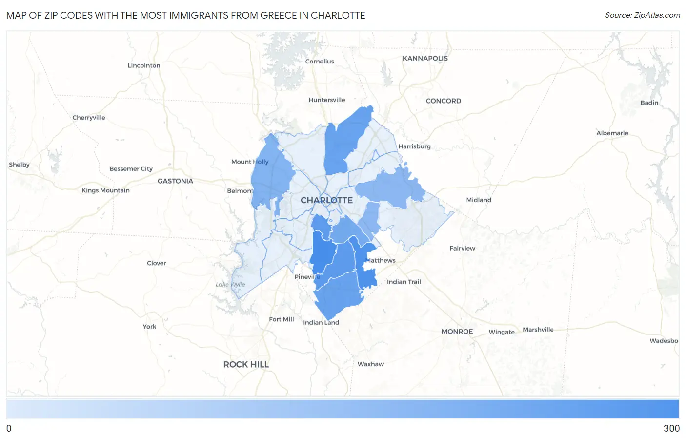 Zip Codes with the Most Immigrants from Greece in Charlotte Map