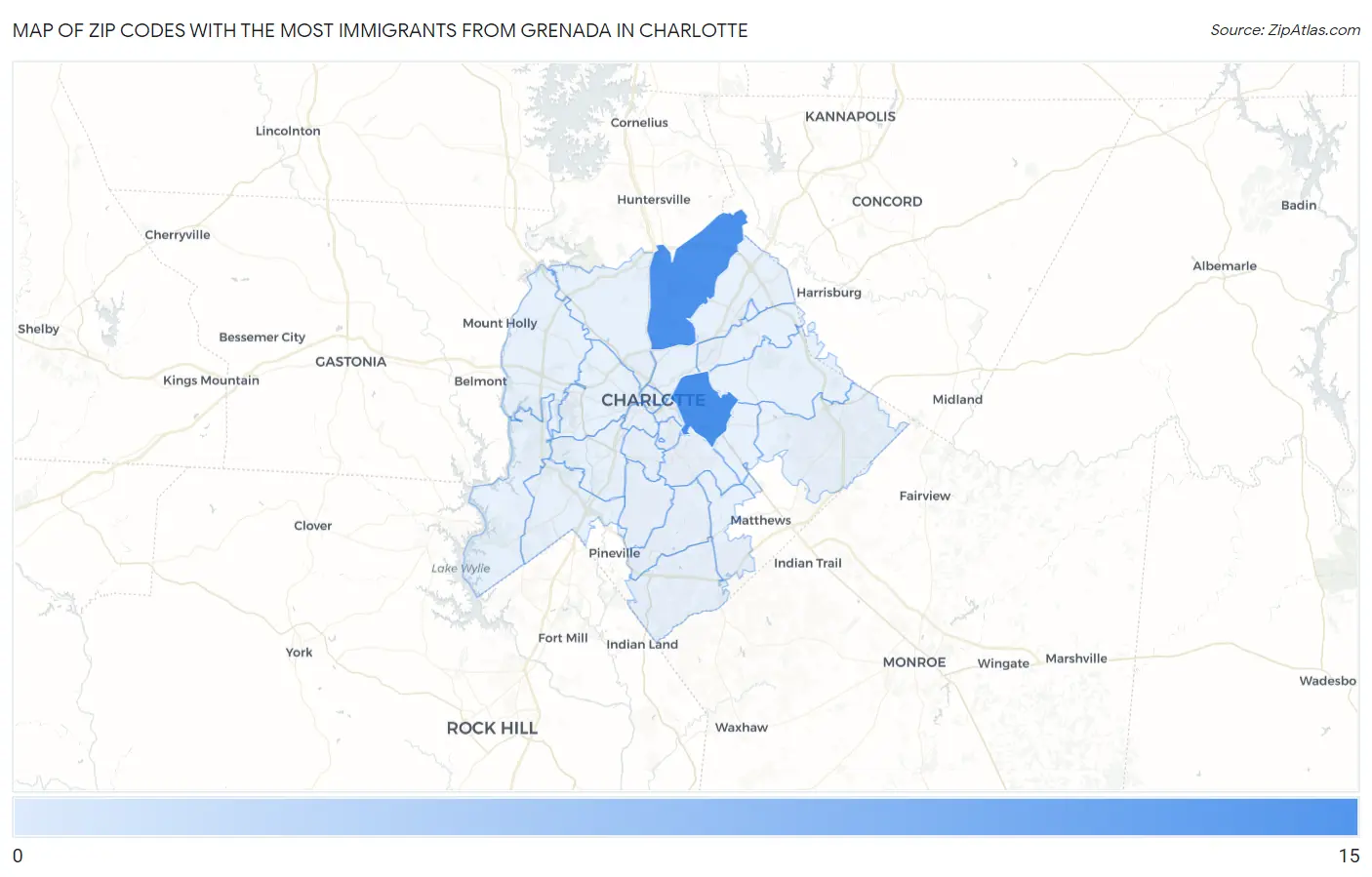 Zip Codes with the Most Immigrants from Grenada in Charlotte Map