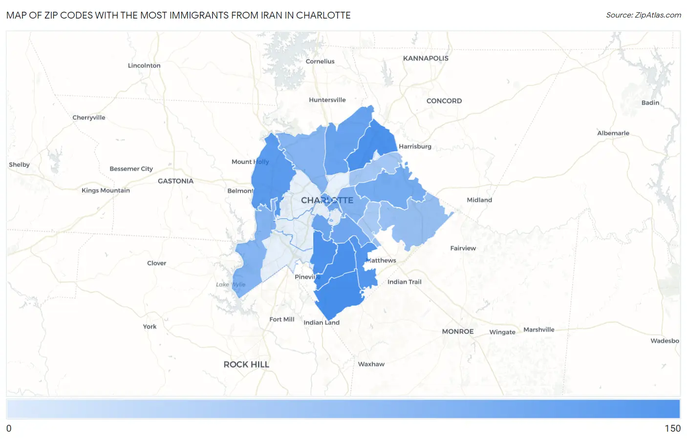 Zip Codes with the Most Immigrants from Iran in Charlotte Map