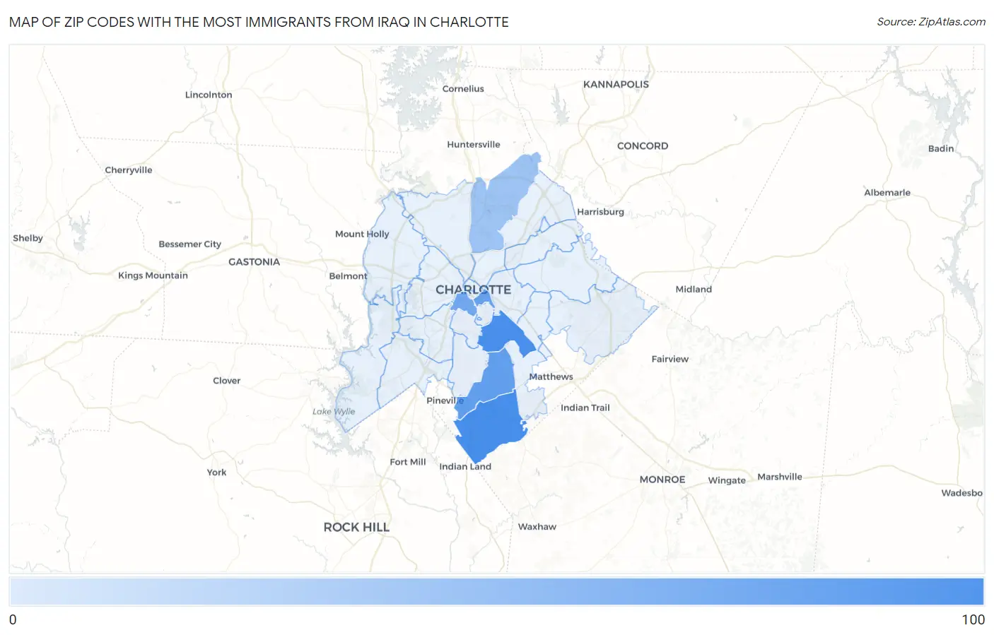 Zip Codes with the Most Immigrants from Iraq in Charlotte Map