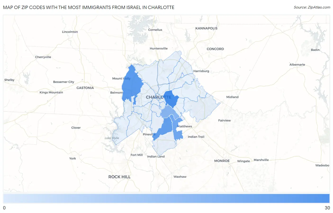 Zip Codes with the Most Immigrants from Israel in Charlotte Map