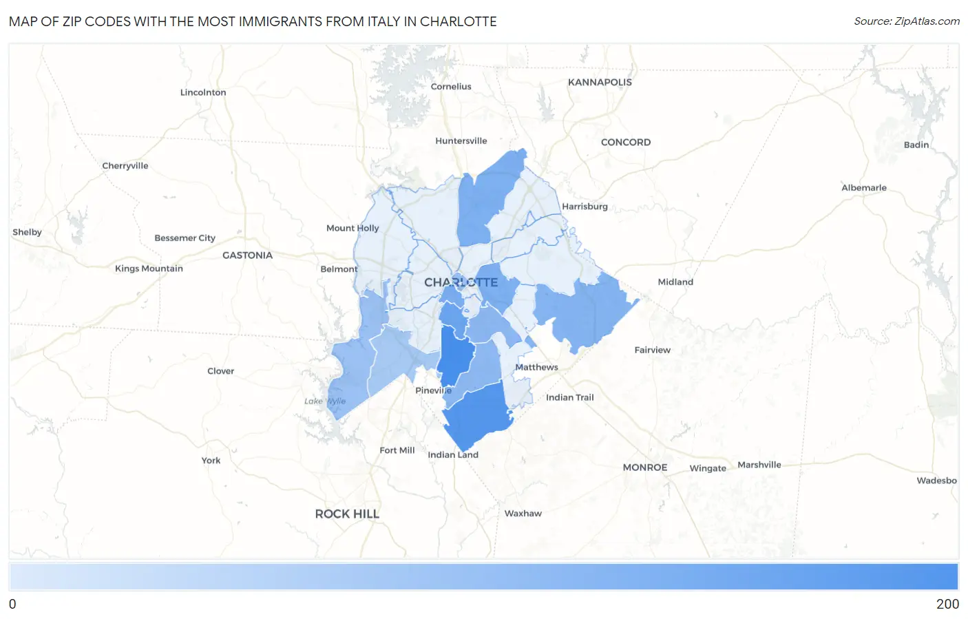 Zip Codes with the Most Immigrants from Italy in Charlotte Map