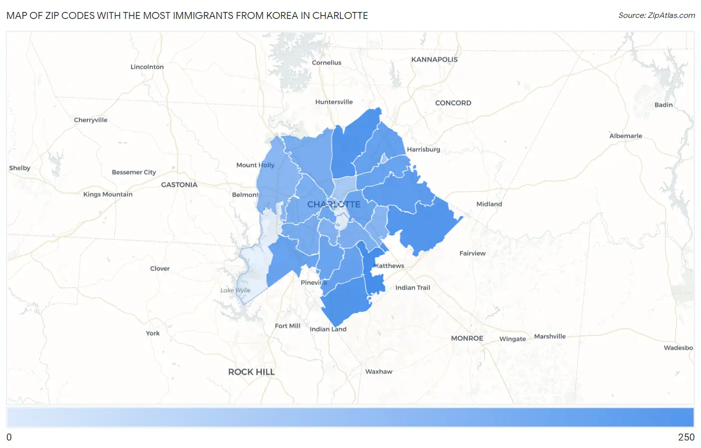 Zip Codes with the Most Immigrants from Korea in Charlotte Map
