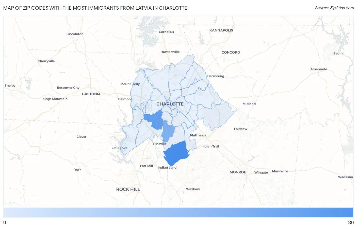 Zip Codes with the Most Immigrants from Latvia in Charlotte Map