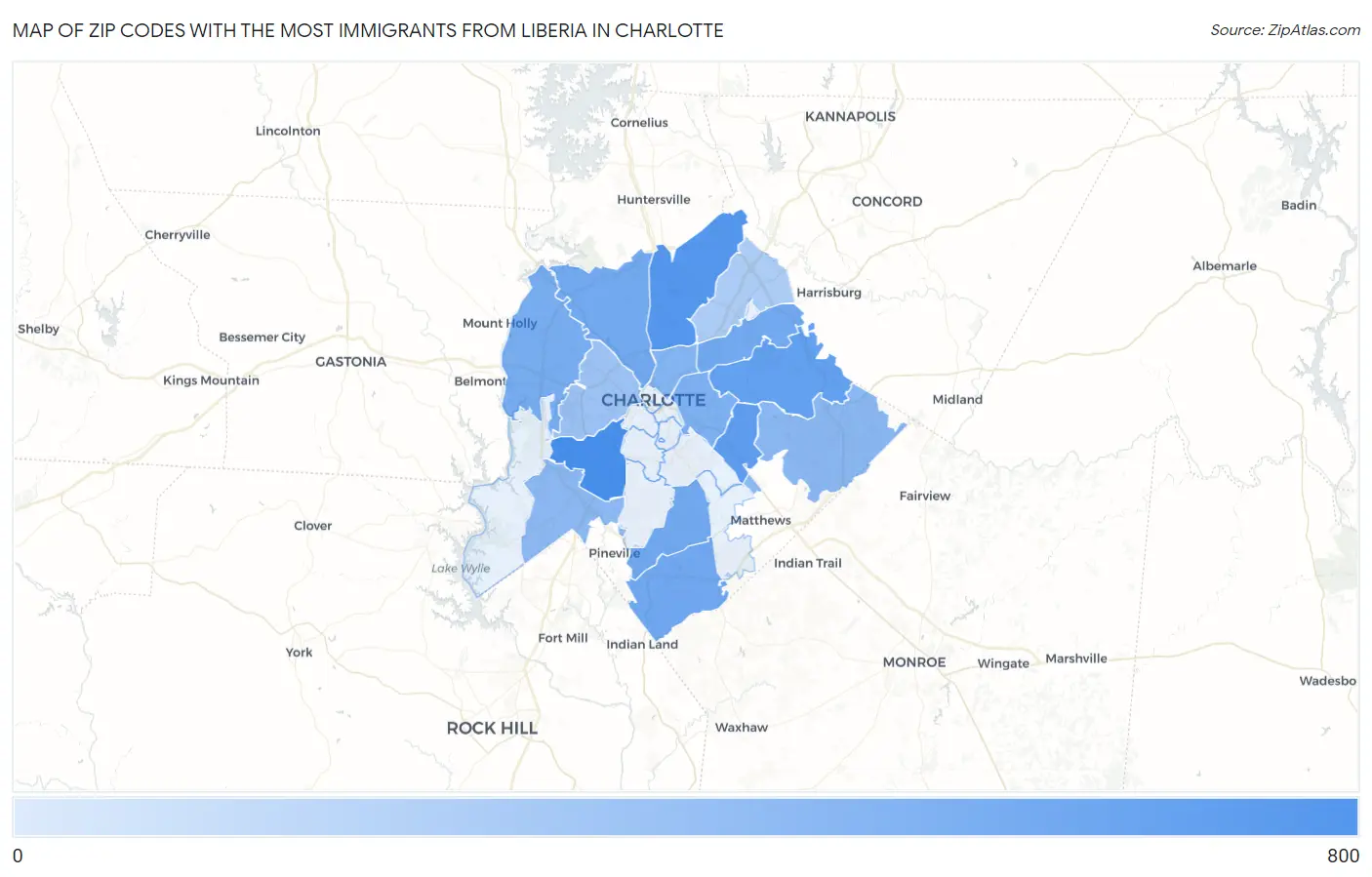 Zip Codes with the Most Immigrants from Liberia in Charlotte Map