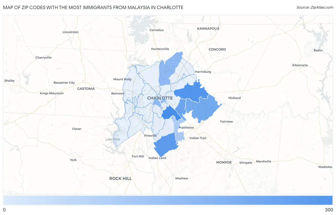 Zip Codes with the Most Immigrants from Malaysia in Charlotte Map