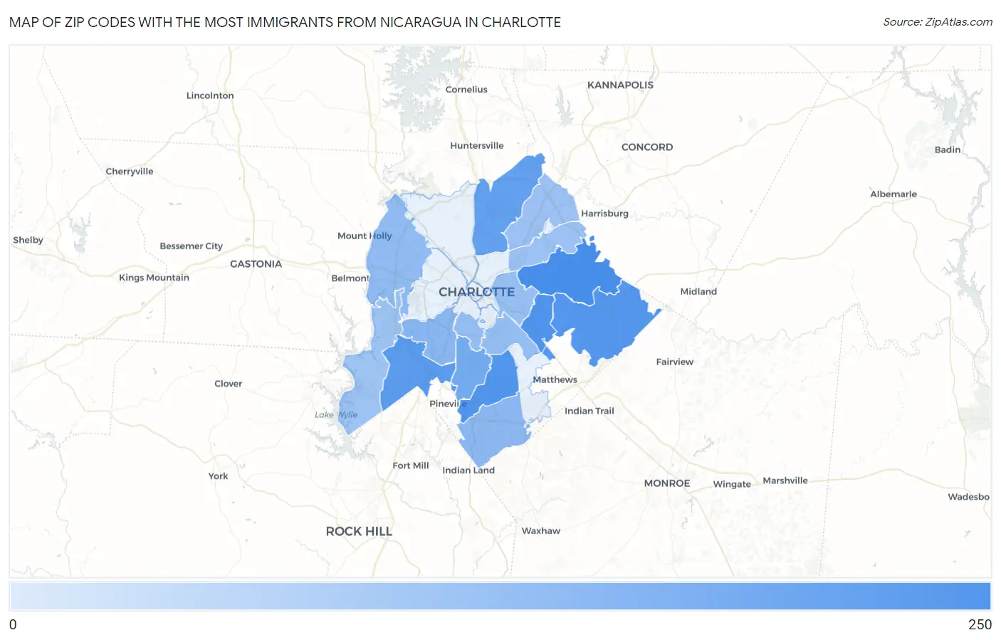 Zip Codes with the Most Immigrants from Nicaragua in Charlotte Map