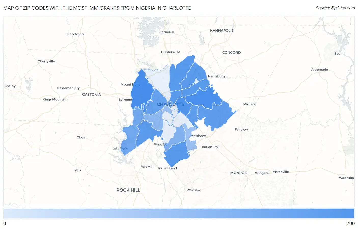 Zip Codes with the Most Immigrants from Nigeria in Charlotte Map