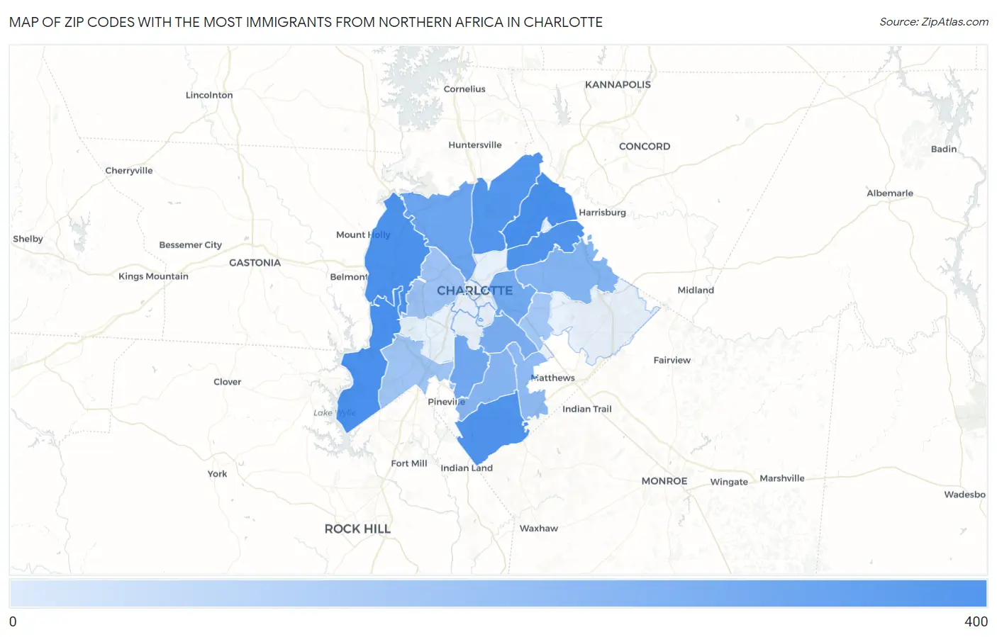 Zip Codes with the Most Immigrants from Northern Africa in Charlotte Map