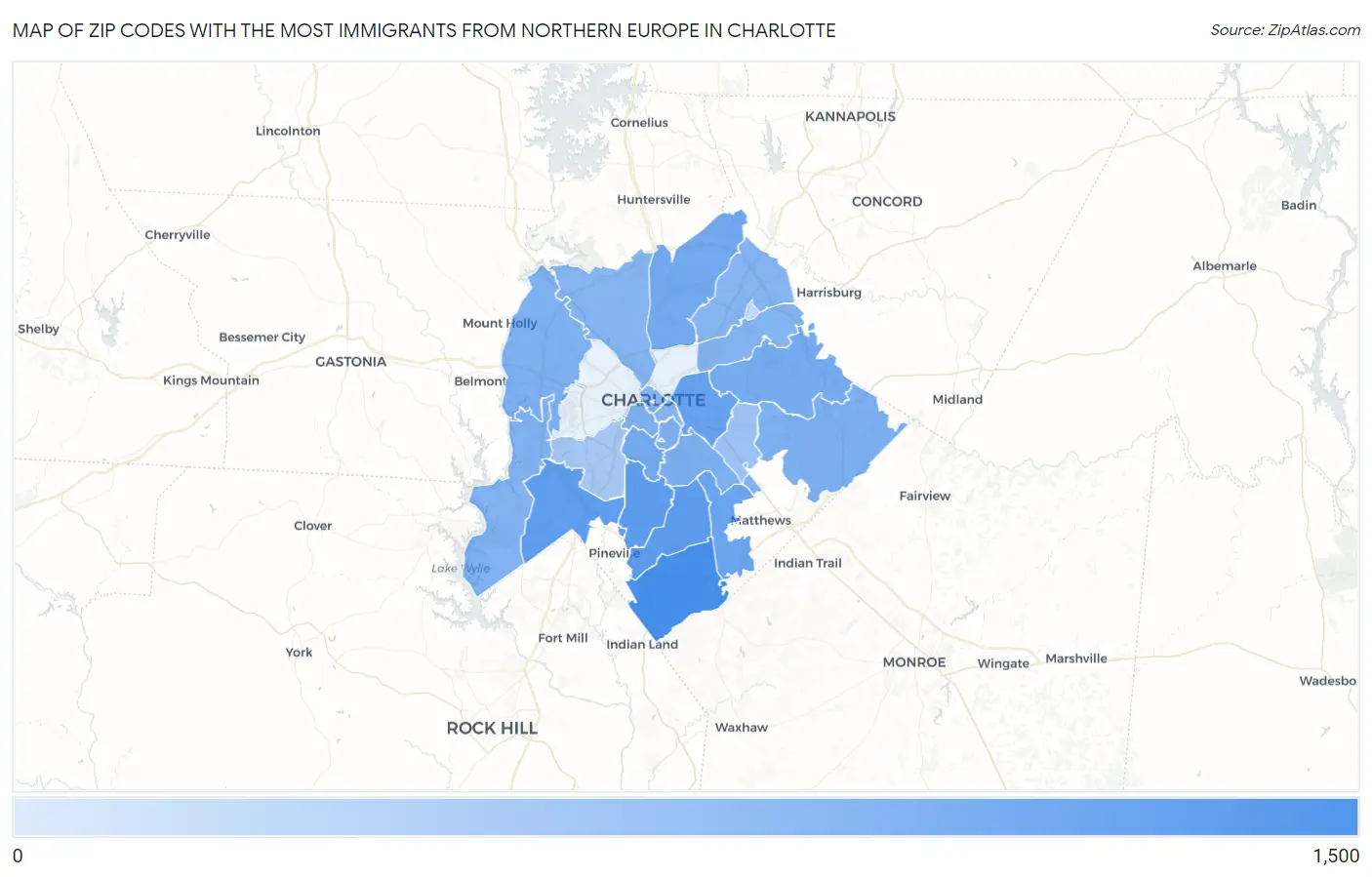 Zip Codes with the Most Immigrants from Northern Europe in Charlotte Map