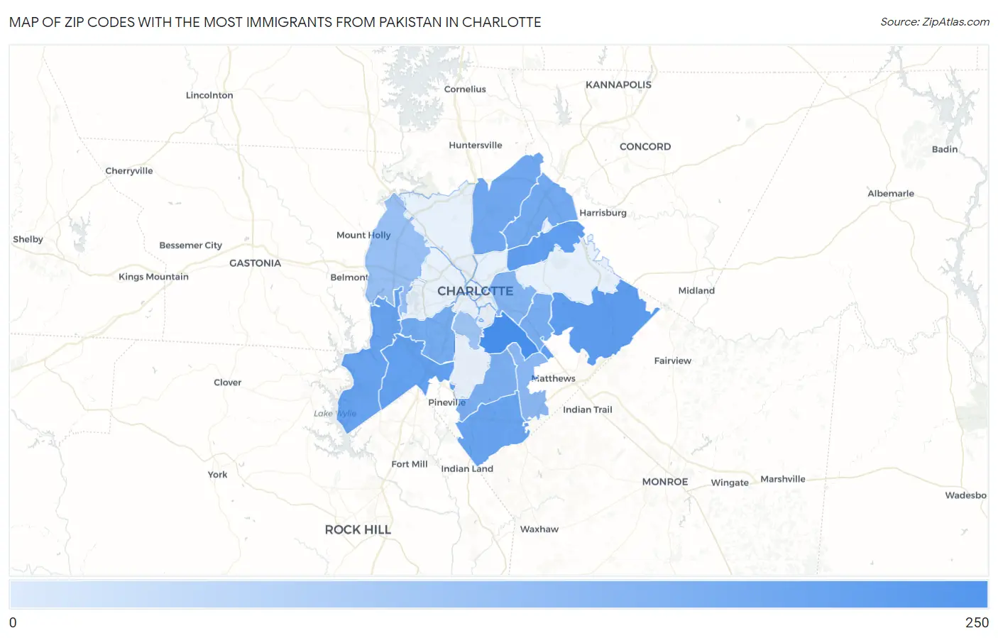 Zip Codes with the Most Immigrants from Pakistan in Charlotte Map