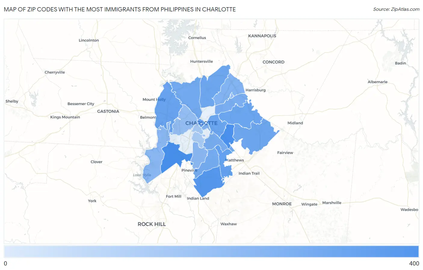 Zip Codes with the Most Immigrants from Philippines in Charlotte Map