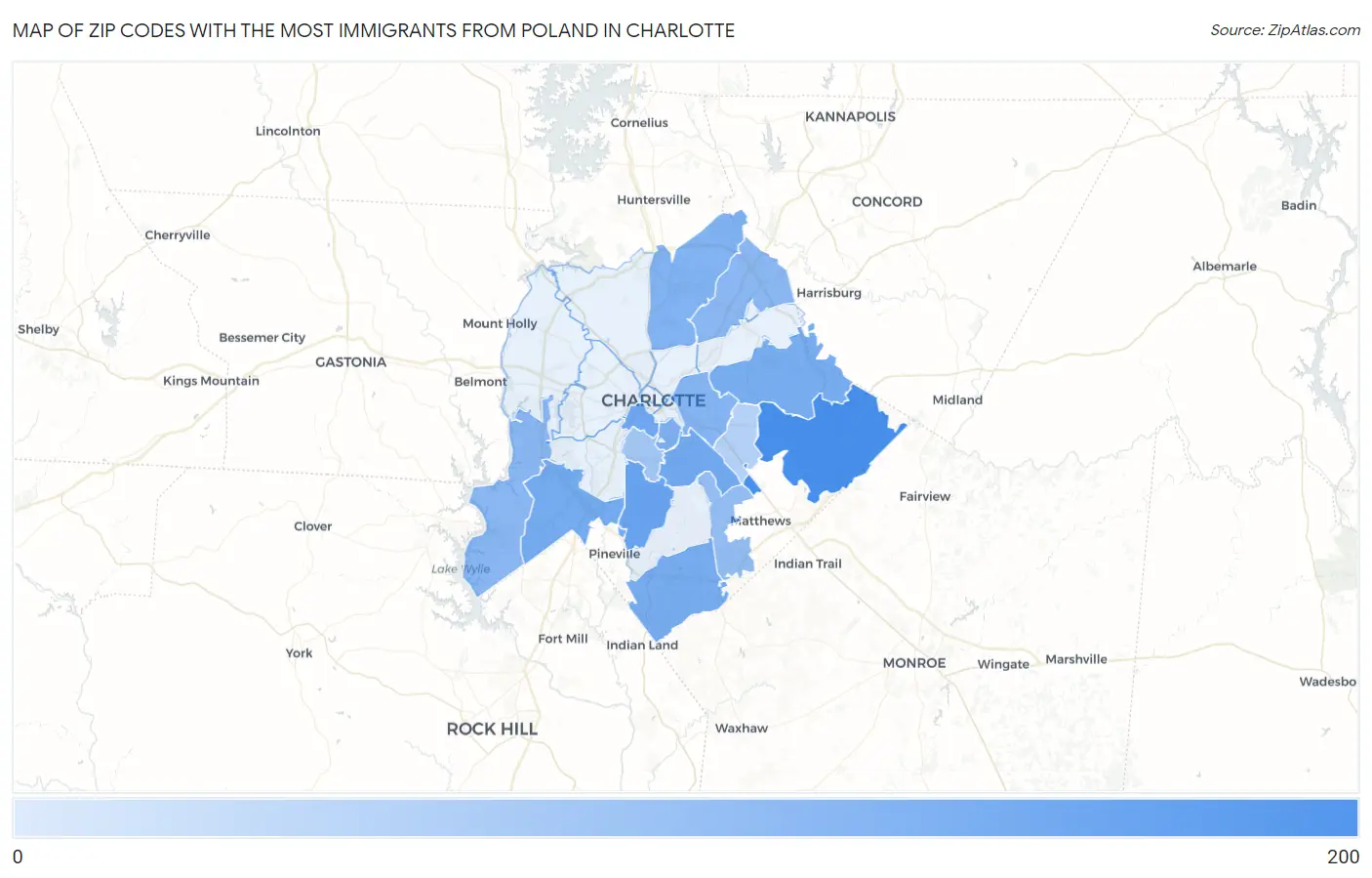 Zip Codes with the Most Immigrants from Poland in Charlotte Map