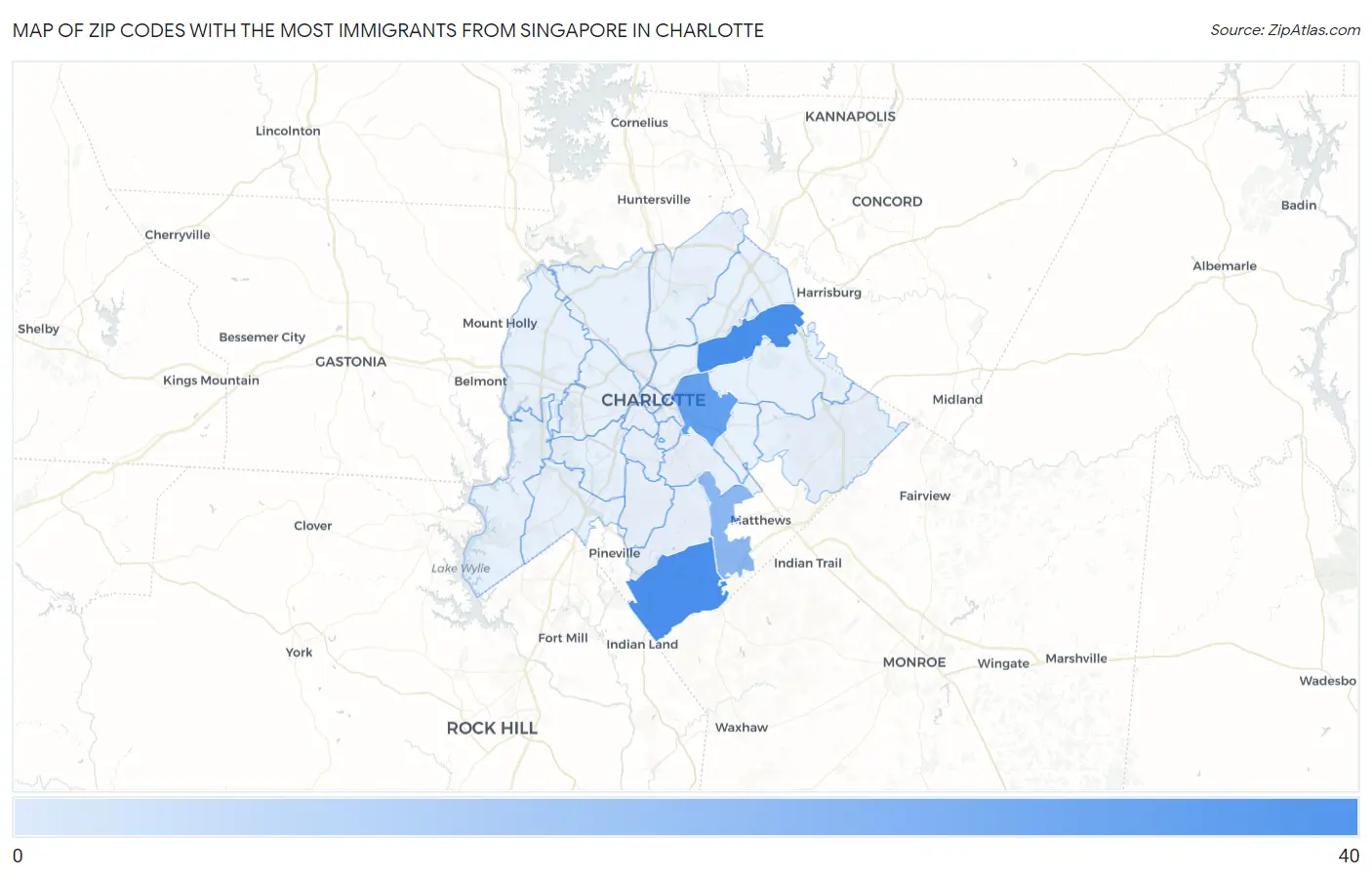 Zip Codes with the Most Immigrants from Singapore in Charlotte Map