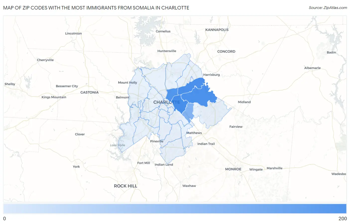 Zip Codes with the Most Immigrants from Somalia in Charlotte Map