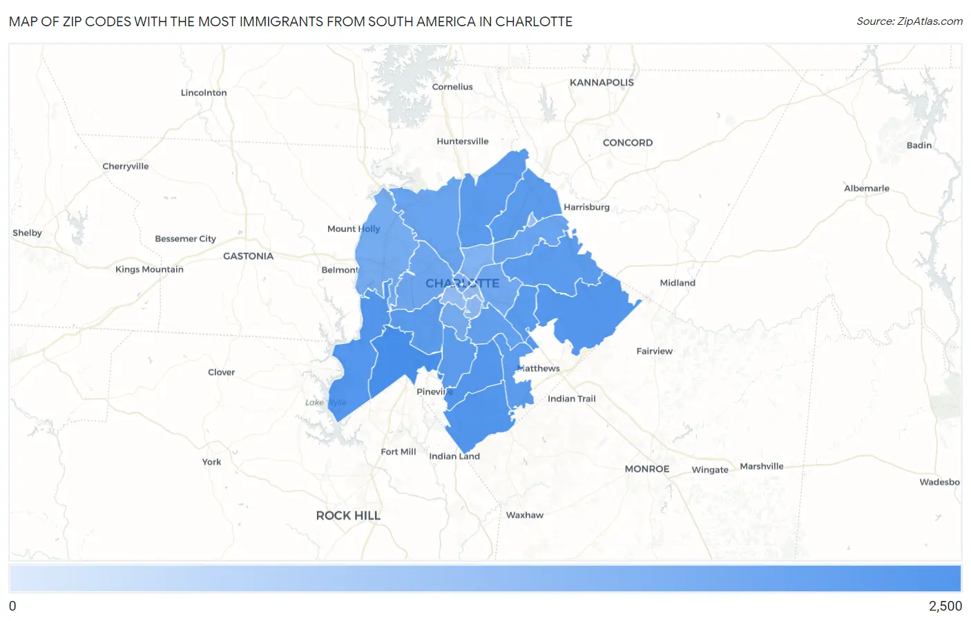 Zip Codes with the Most Immigrants from South America in Charlotte Map