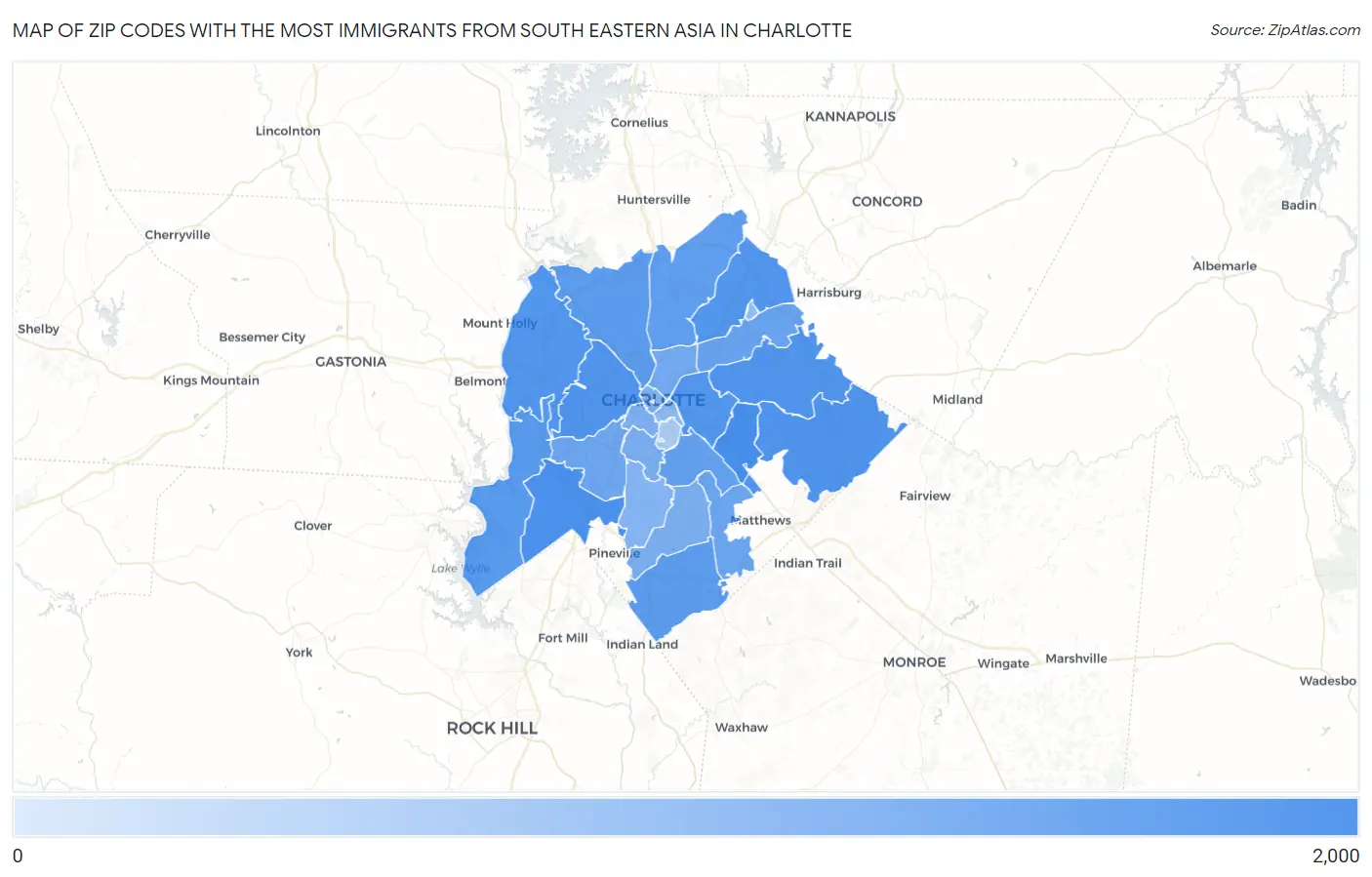 Zip Codes with the Most Immigrants from South Eastern Asia in Charlotte Map