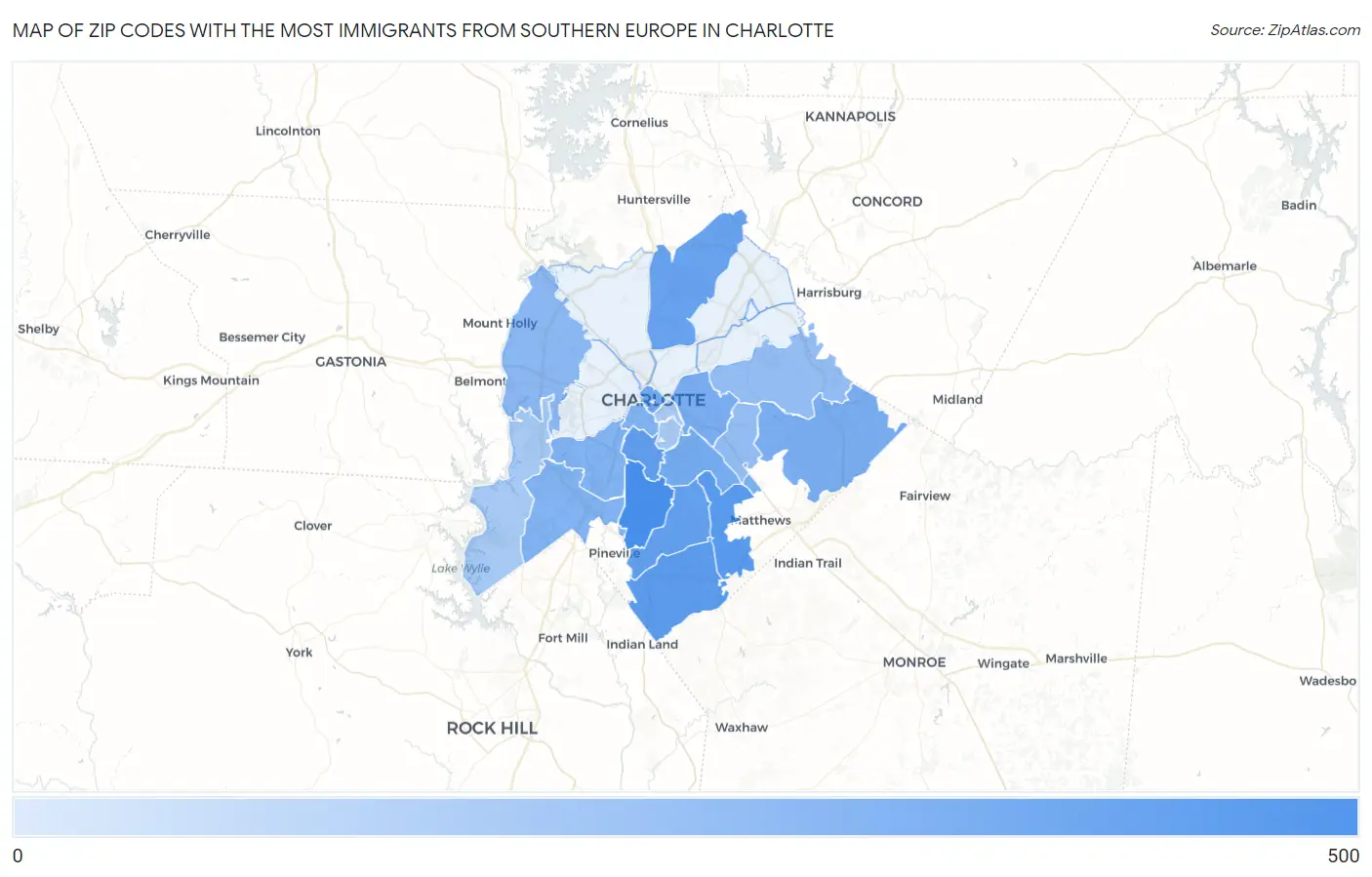 Zip Codes with the Most Immigrants from Southern Europe in Charlotte Map