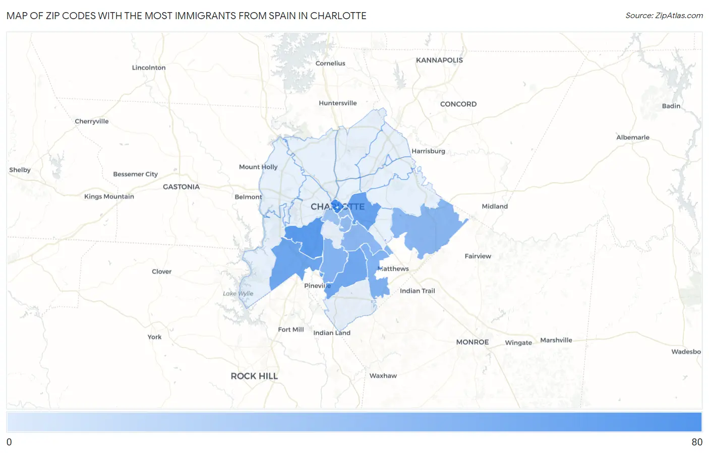Zip Codes with the Most Immigrants from Spain in Charlotte Map