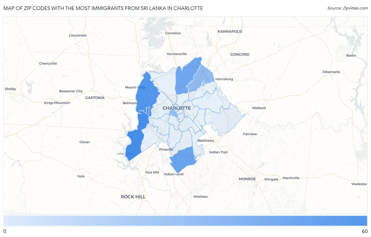 Zip Codes with the Most Immigrants from Sri Lanka in Charlotte Map