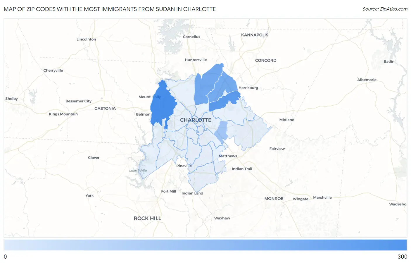 Zip Codes with the Most Immigrants from Sudan in Charlotte Map