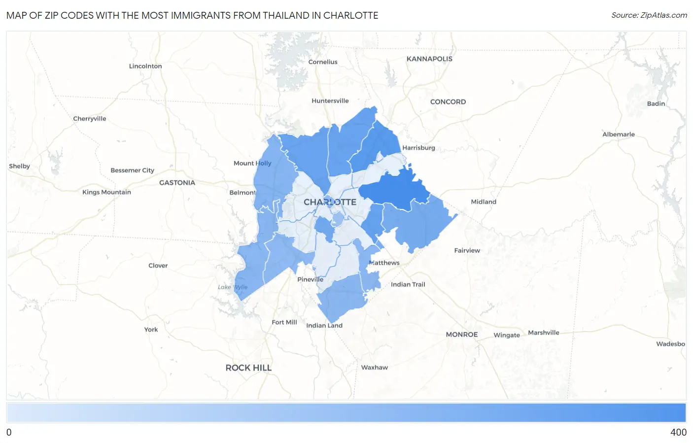 Zip Codes with the Most Immigrants from Thailand in Charlotte Map