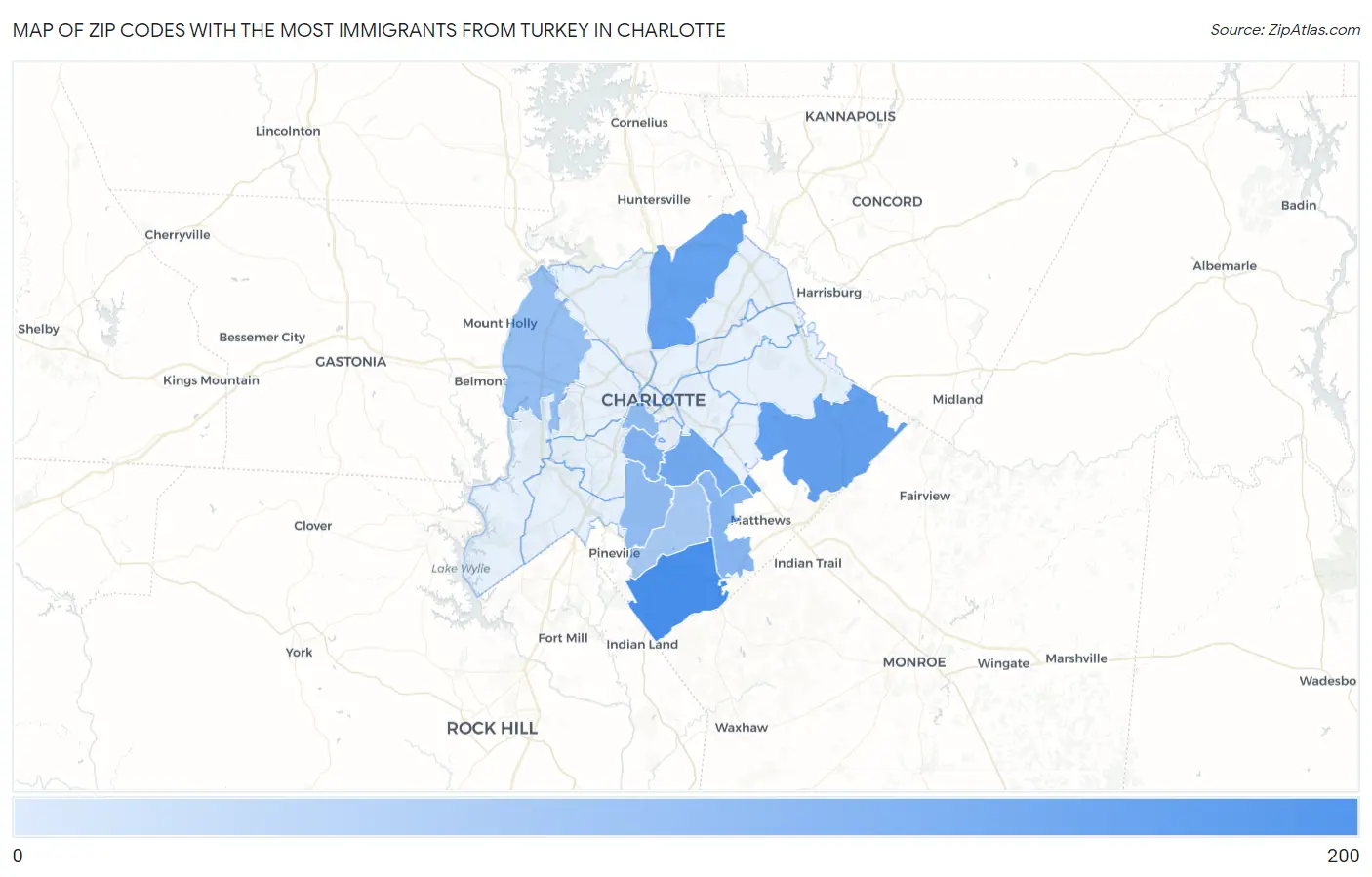 Zip Codes with the Most Immigrants from Turkey in Charlotte Map
