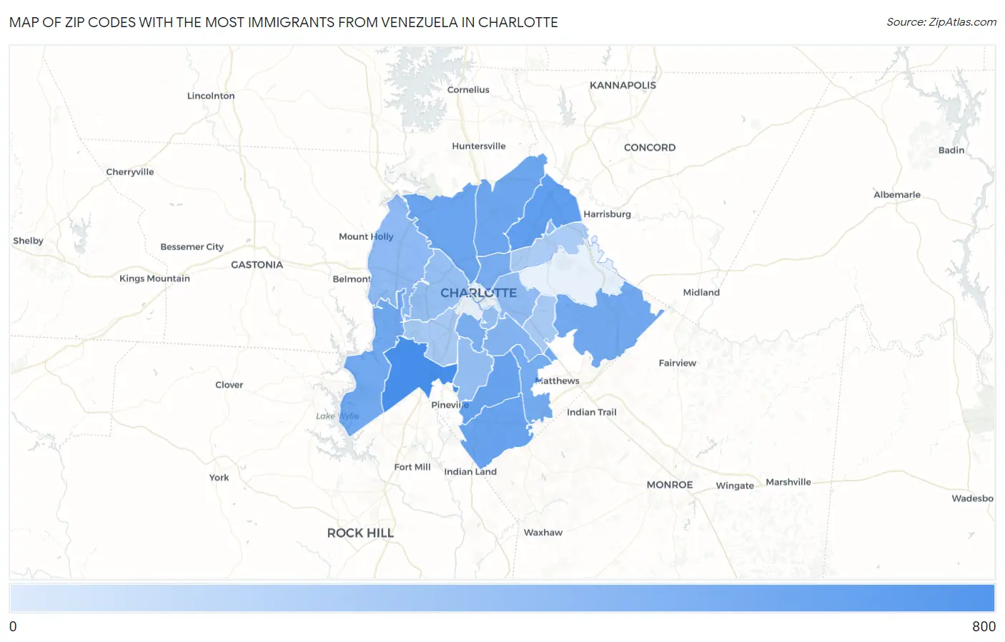 Zip Codes with the Most Immigrants from Venezuela in Charlotte Map