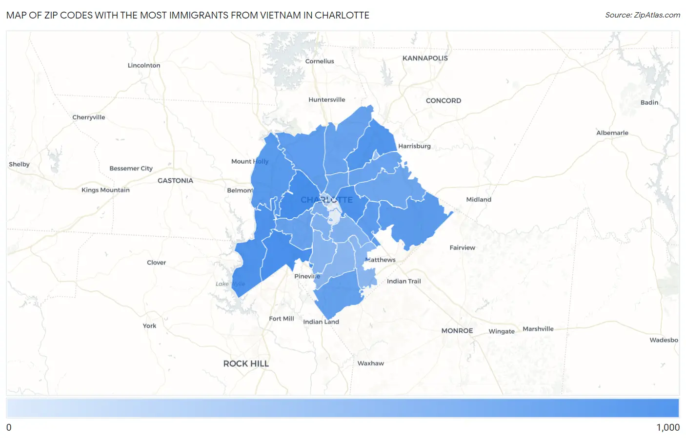 Zip Codes with the Most Immigrants from Vietnam in Charlotte Map