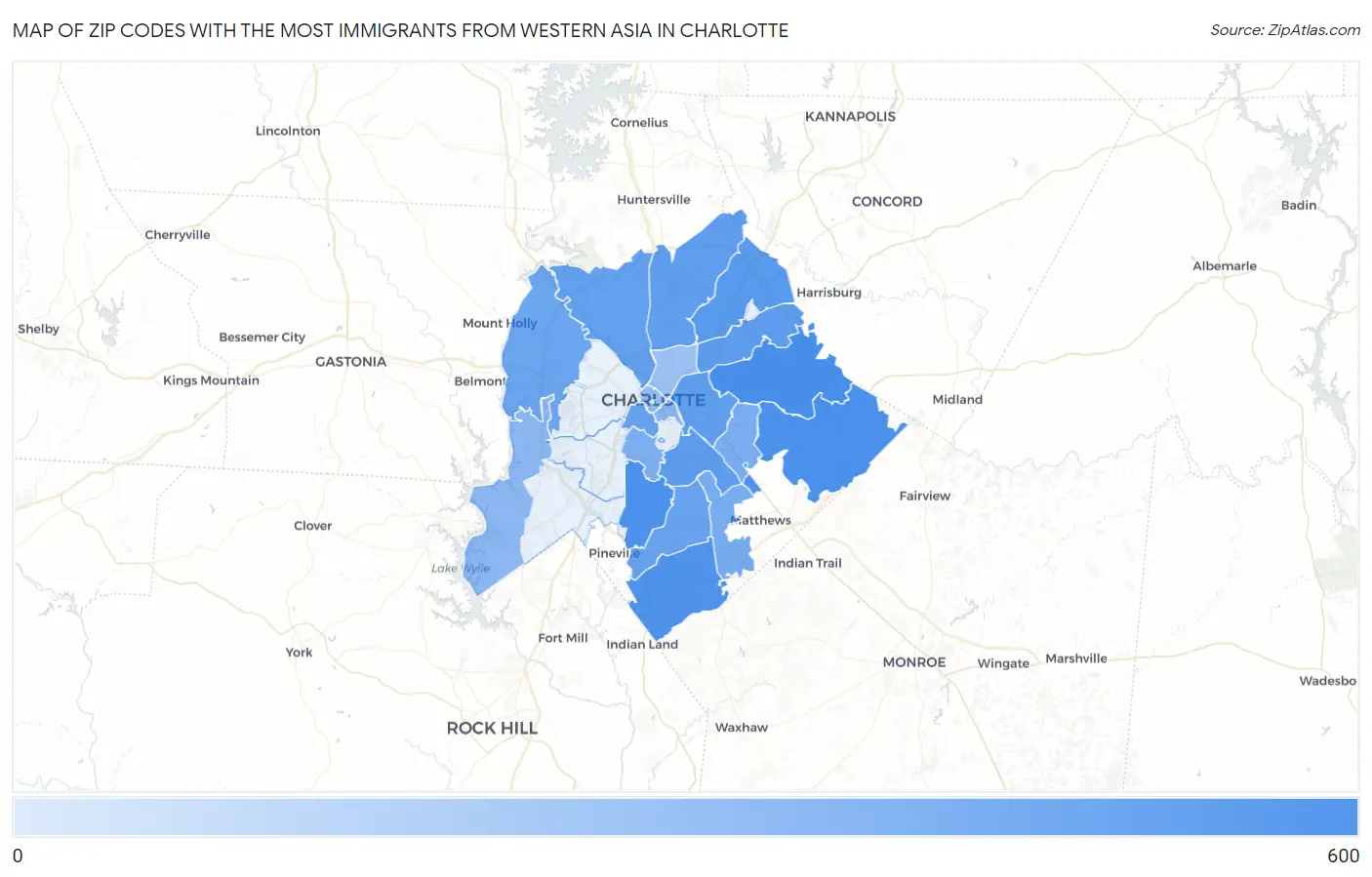 Zip Codes with the Most Immigrants from Western Asia in Charlotte Map