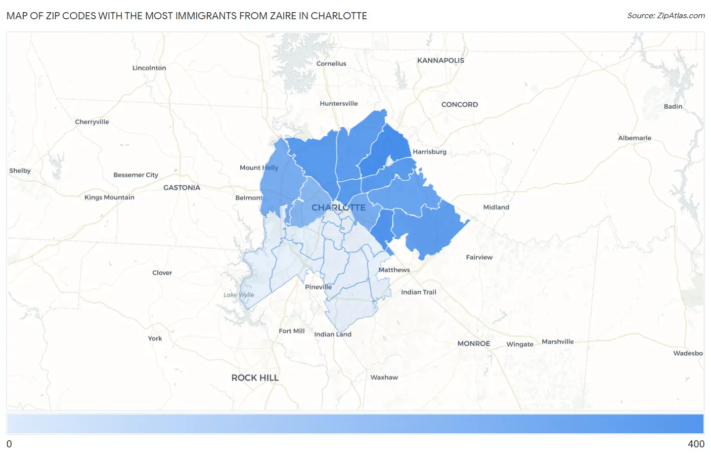 Zip Codes with the Most Immigrants from Zaire in Charlotte Map