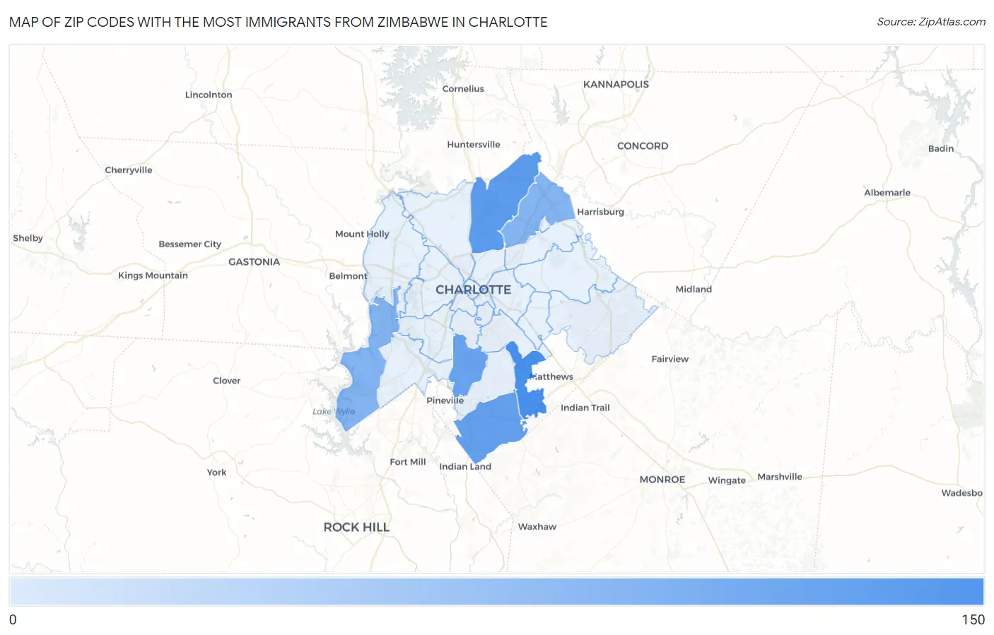 Zip Codes with the Most Immigrants from Zimbabwe in Charlotte Map