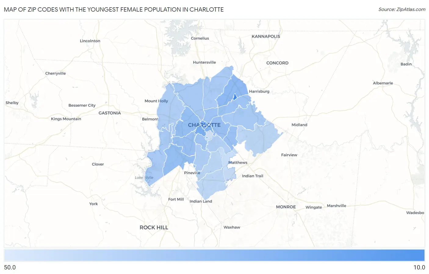Zip Codes with the Youngest Female Population in Charlotte Map