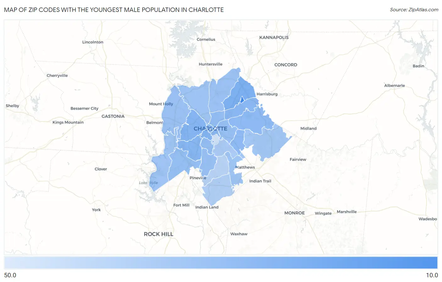 Zip Codes with the Youngest Male Population in Charlotte Map