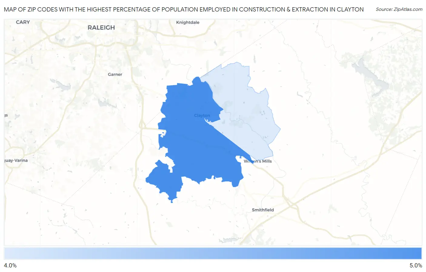 Zip Codes with the Highest Percentage of Population Employed in Construction & Extraction in Clayton Map