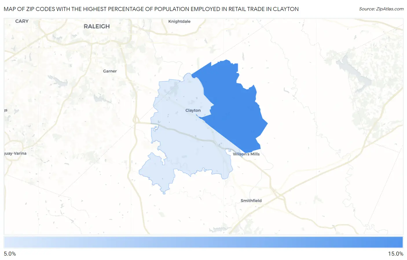 Zip Codes with the Highest Percentage of Population Employed in Retail Trade in Clayton Map