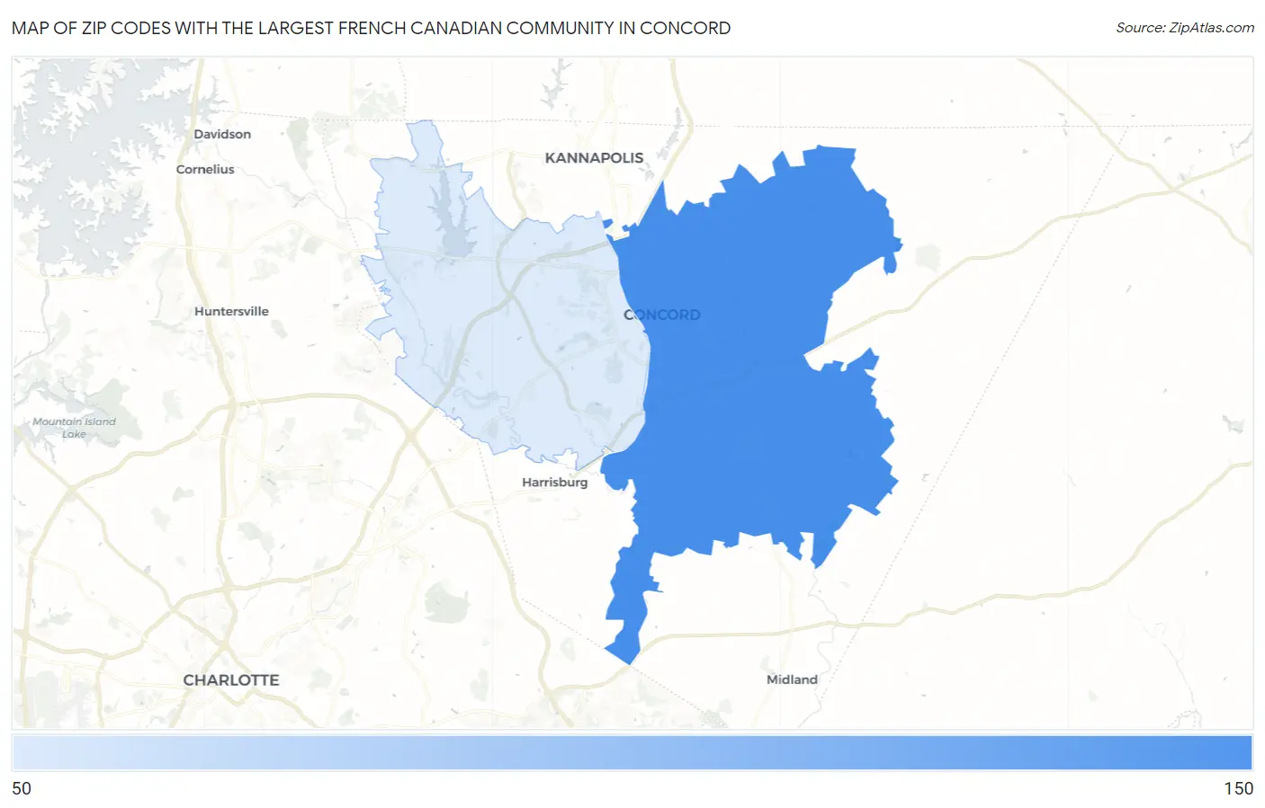 Zip Codes with the Largest French Canadian Community in Concord Map
