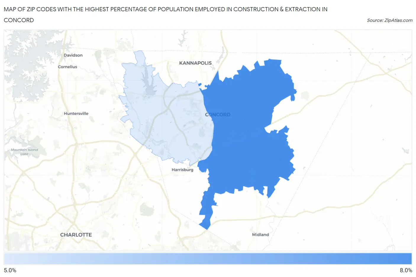 Zip Codes with the Highest Percentage of Population Employed in Construction & Extraction in Concord Map