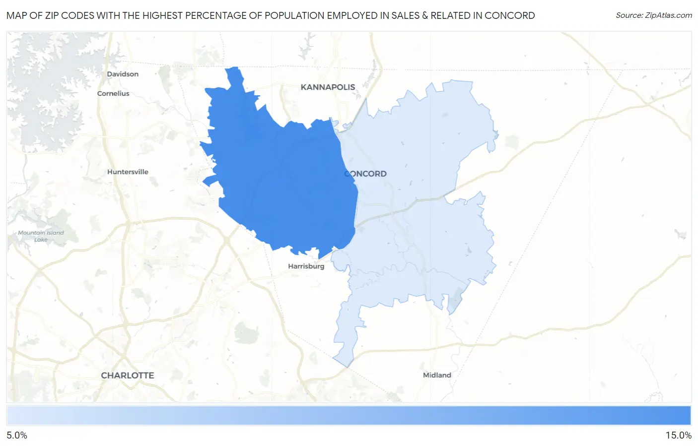 Zip Codes with the Highest Percentage of Population Employed in Sales & Related in Concord Map