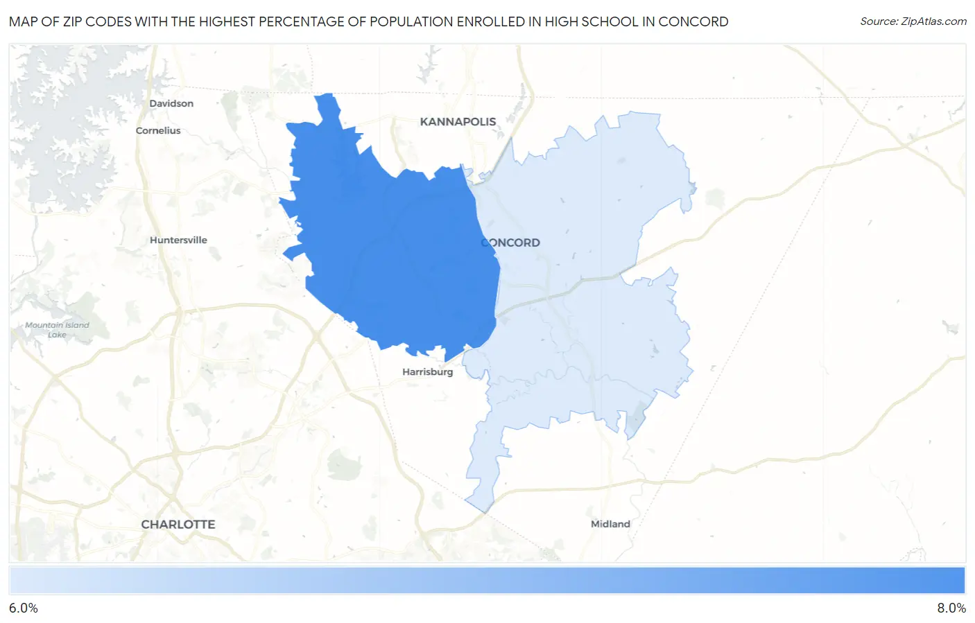 Zip Codes with the Highest Percentage of Population Enrolled in High School in Concord Map