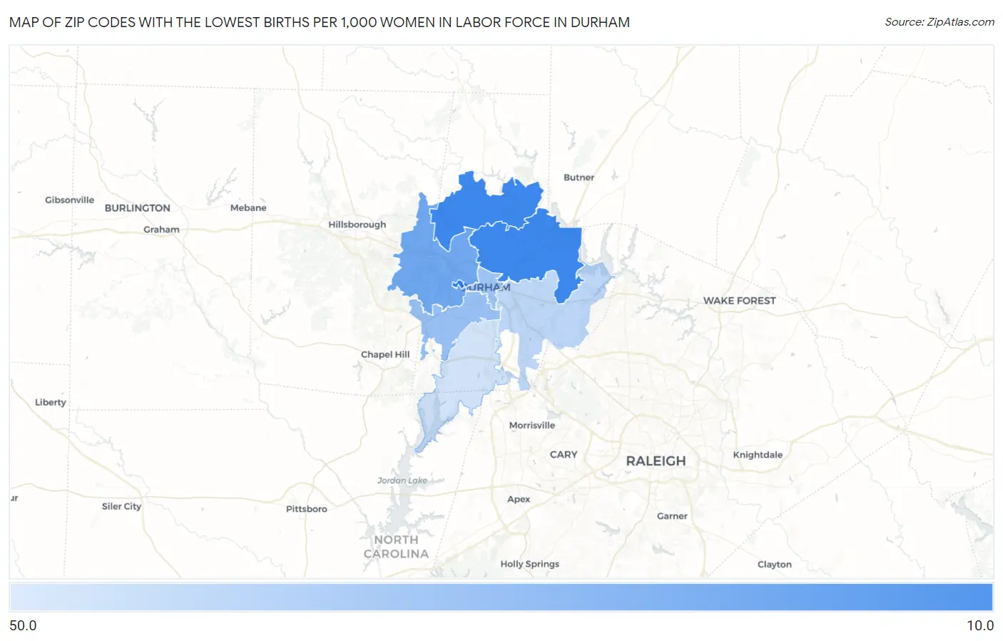 Zip Codes with the Lowest Births per 1,000 Women in Labor Force in Durham Map