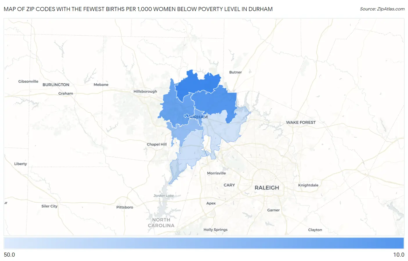 Zip Codes with the Fewest Births per 1,000 Women Below Poverty Level in Durham Map