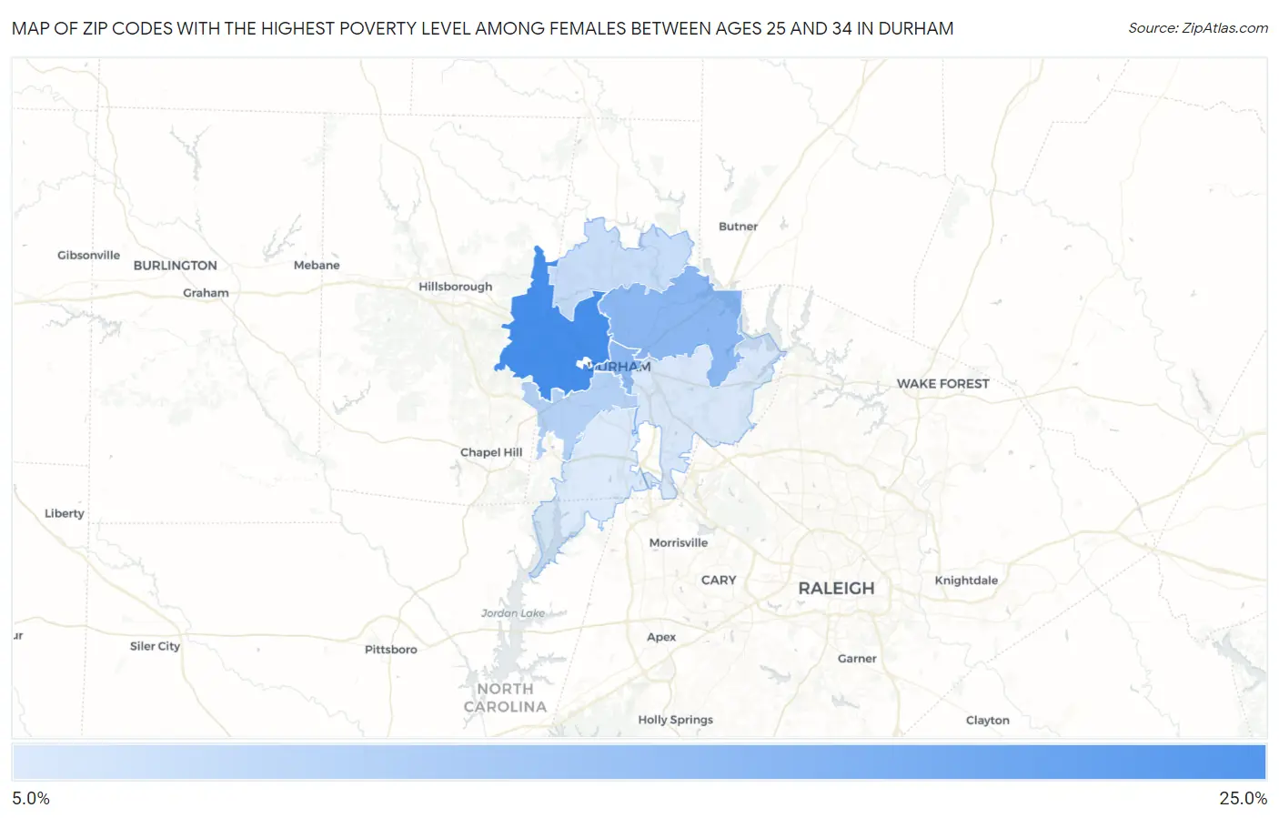 Zip Codes with the Highest Poverty Level Among Females Between Ages 25 and 34 in Durham Map