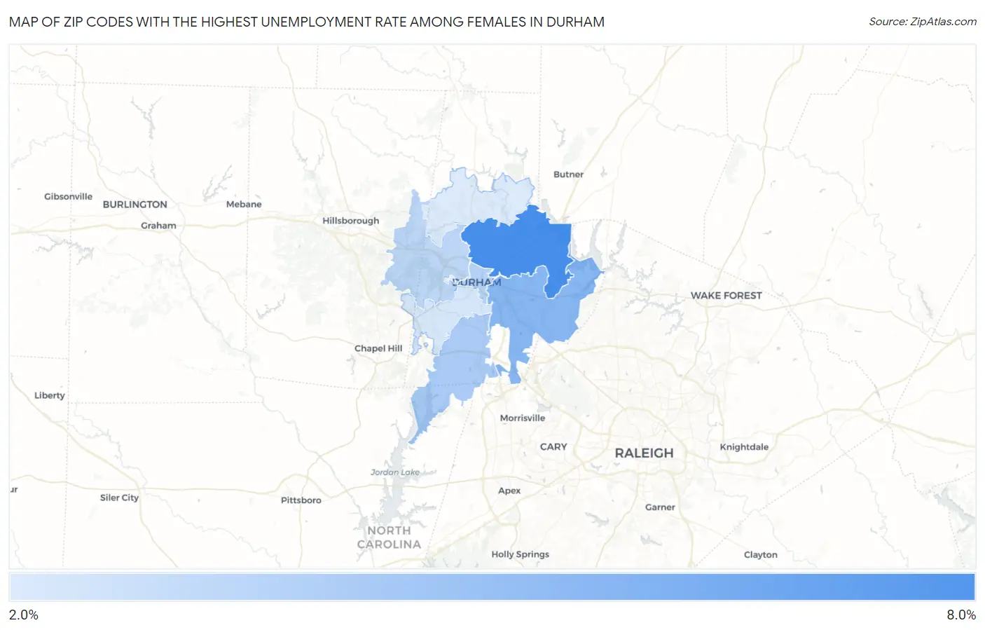 Zip Codes with the Highest Unemployment Rate Among Females in Durham Map