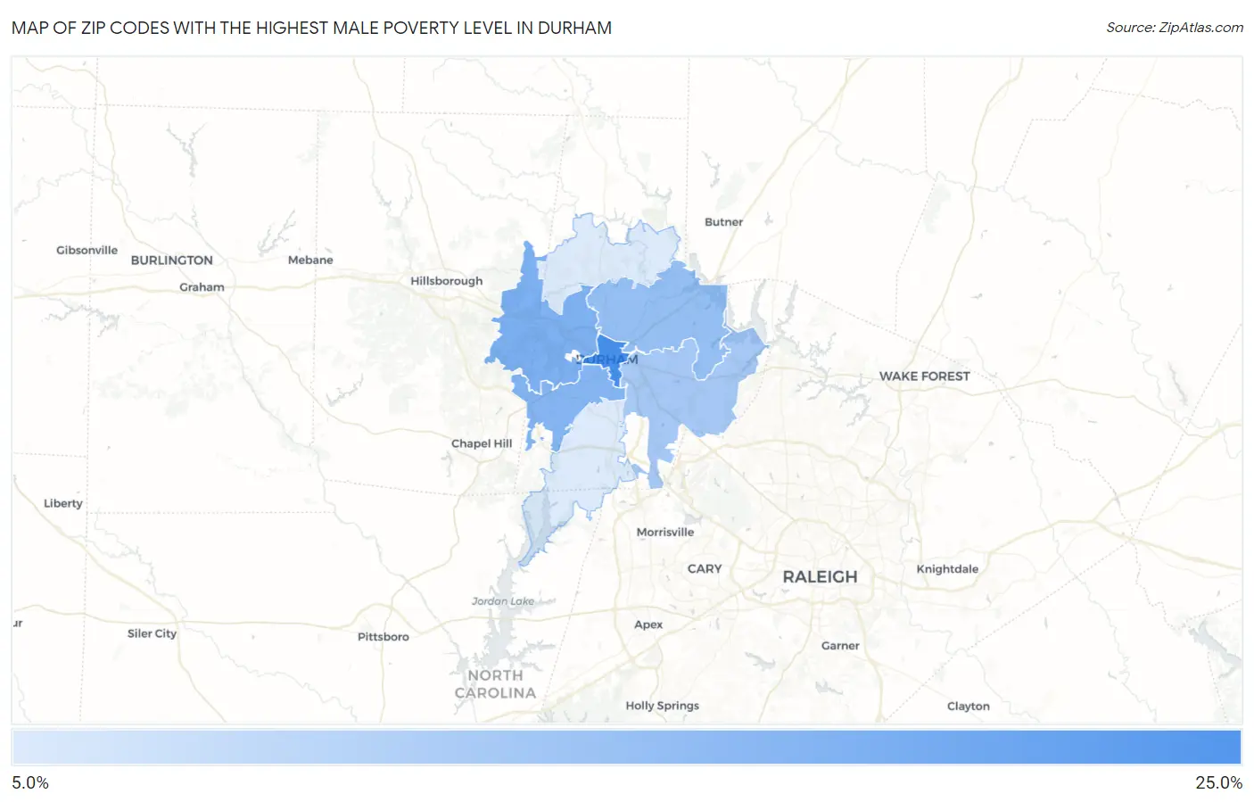Zip Codes with the Highest Male Poverty Level in Durham Map