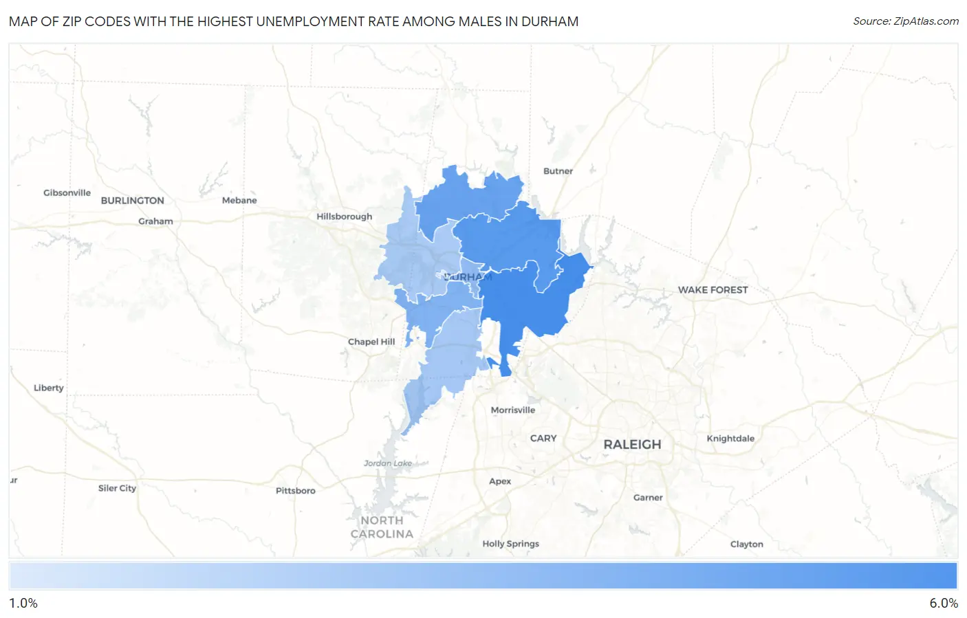 Zip Codes with the Highest Unemployment Rate Among Males in Durham Map