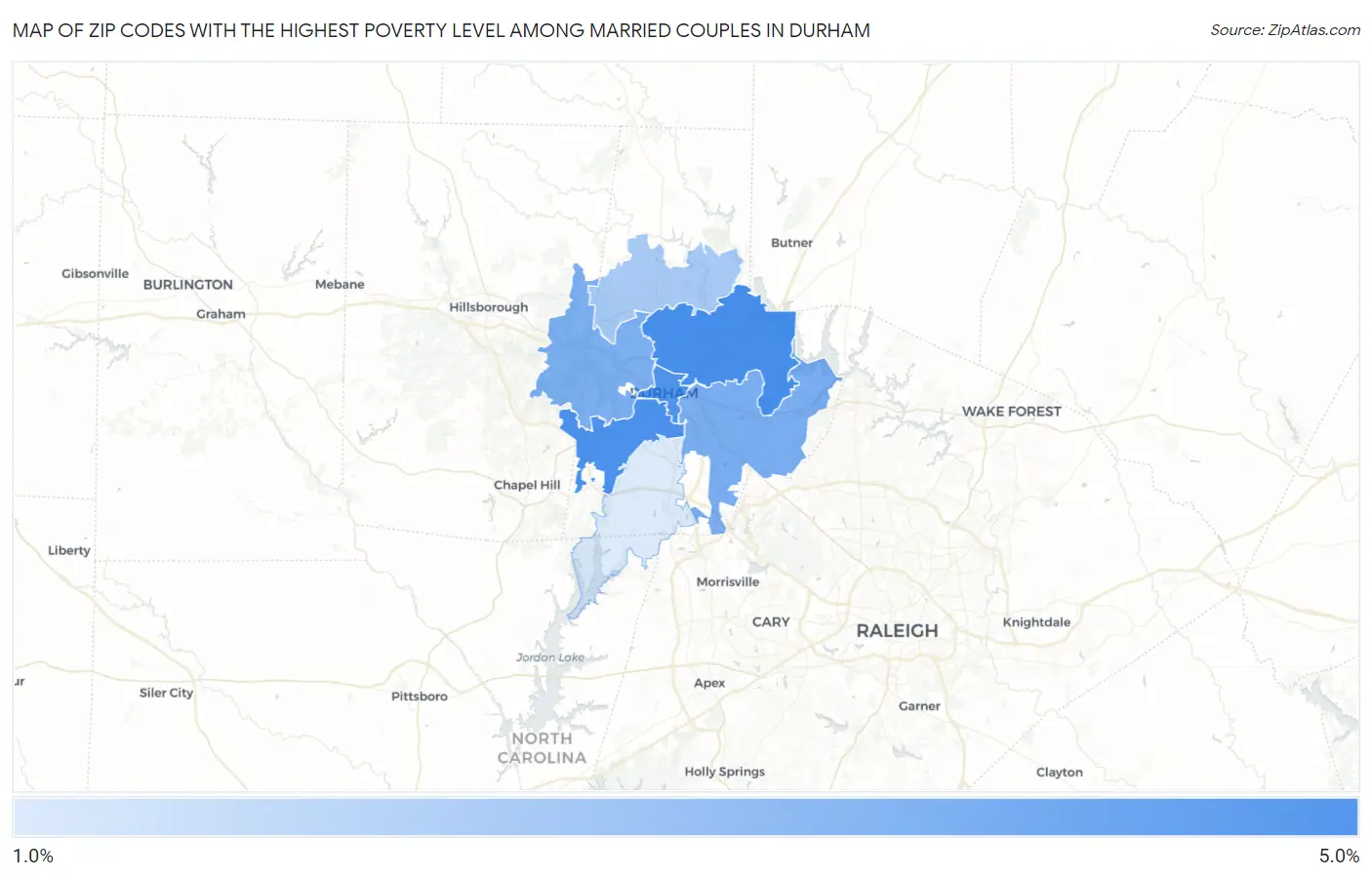 Zip Codes with the Highest Poverty Level Among Married Couples in Durham Map